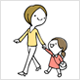 幼児とママが歩いているコミカルなイラスト